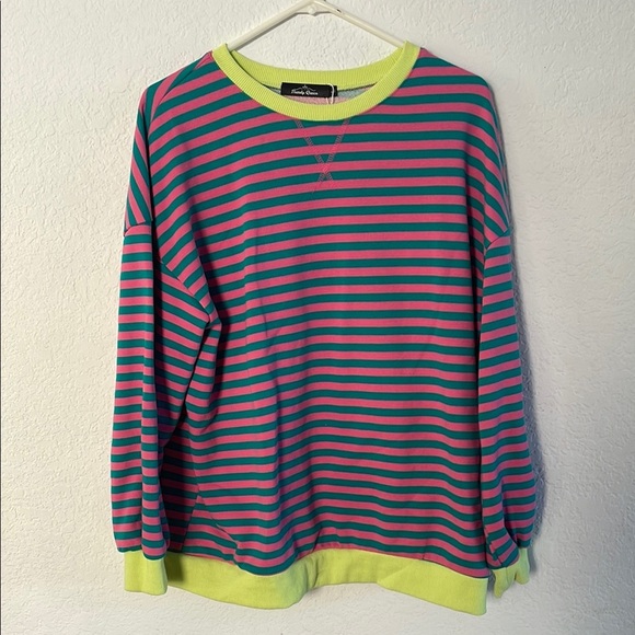 trendy queen Sweaters - Green and Pink Crew Neck Sweater with Neon Accents